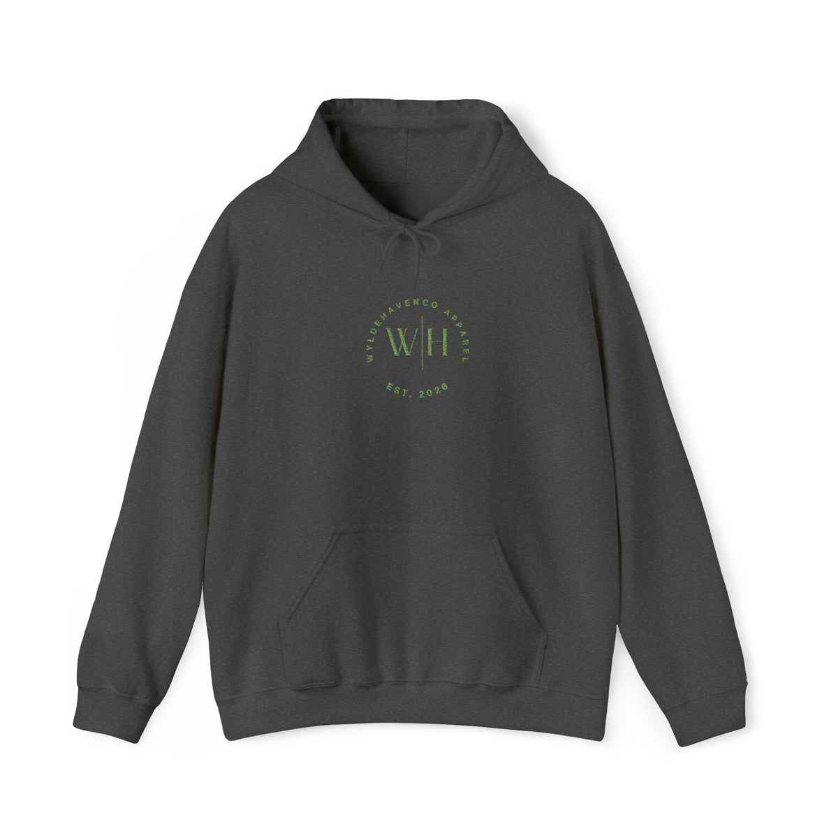 Green WyldeHaven logo embroidered hoodie by Printify, showcasing a cozy hoodie with detailed embroidered logo on the front.