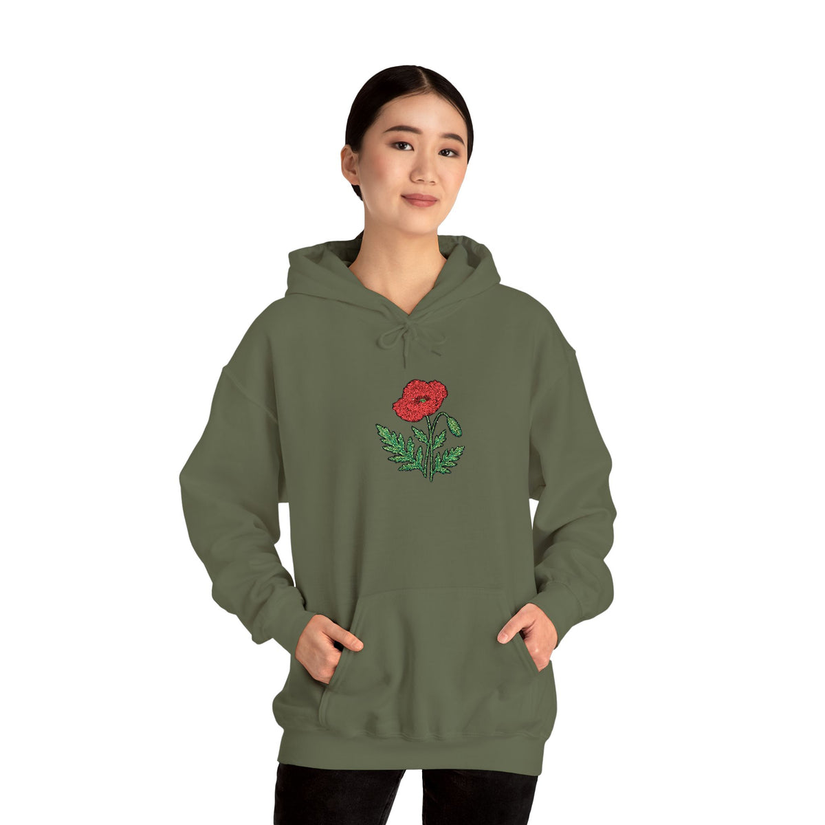 Red hoodie with embroidered red poppy floral design on the center front, by Printify, featuring detailed floral embroidery.