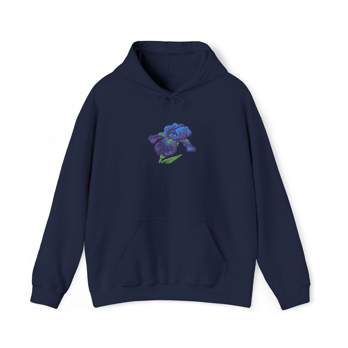 Printify embroidered iris flower hoodie featuring a center front floral design, soft fabric, and comfortable fit.