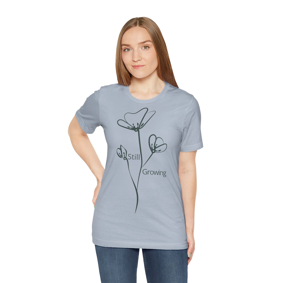 Still Growing floral print minimalist T-shirt by Printify featuring a simple inspirational design on soft fabric.