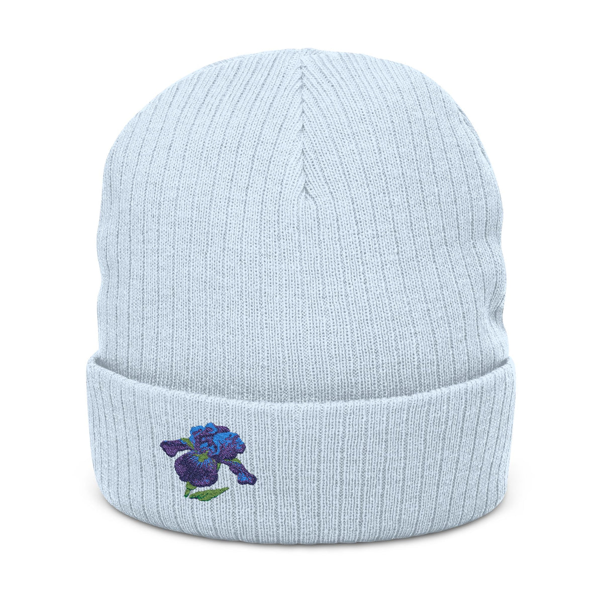 Embroidered Iris Beanie Hat by WyldeHaven, soft knit winter hat with floral embroidery, unisex design, cozy and stylish.