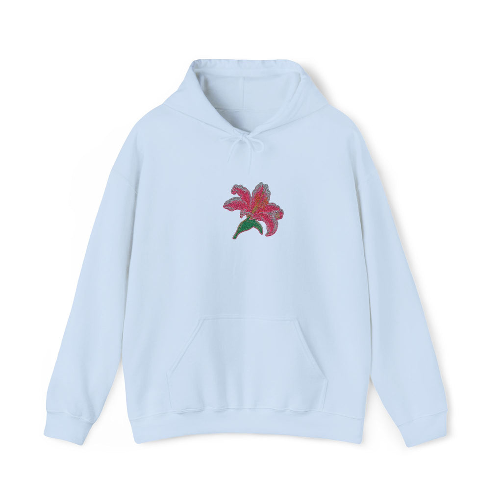 Embroidered lily flower hoodie by Printify featuring a center front floral design on a cozy, casual hoodie.