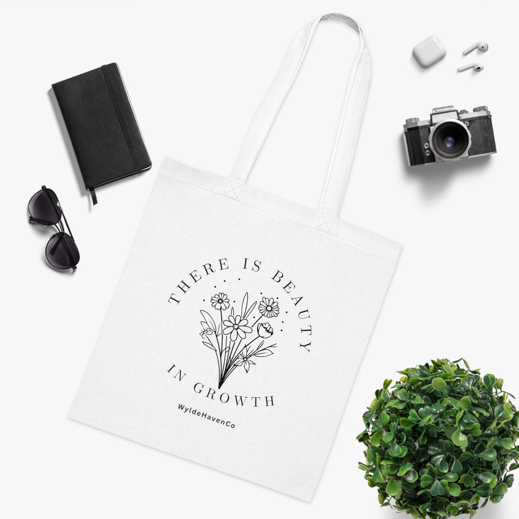 Floral cotton tote bag with "There Is Beauty In Growth" print, stylish reusable bag for daily use, by Printify
