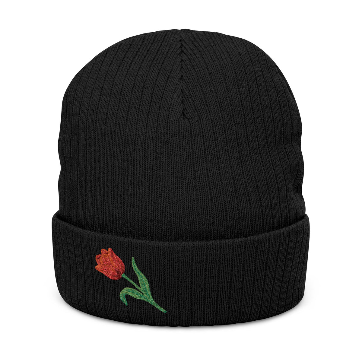 Soft knit embroidered tulip beanie hat with floral design, unisex winter hat by WyldeHaven Apparel, ideal for everyday wear.