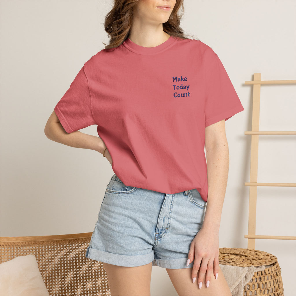 Black Make Today Count T-Shirt by Printify featuring a minimal design and a small inspirational pocket detail.
