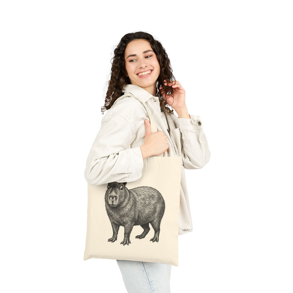 Capybara tote bag featuring detailed wildlife illustration from Wyldelife Collection, made by Printify, with colorful capybara artwork.