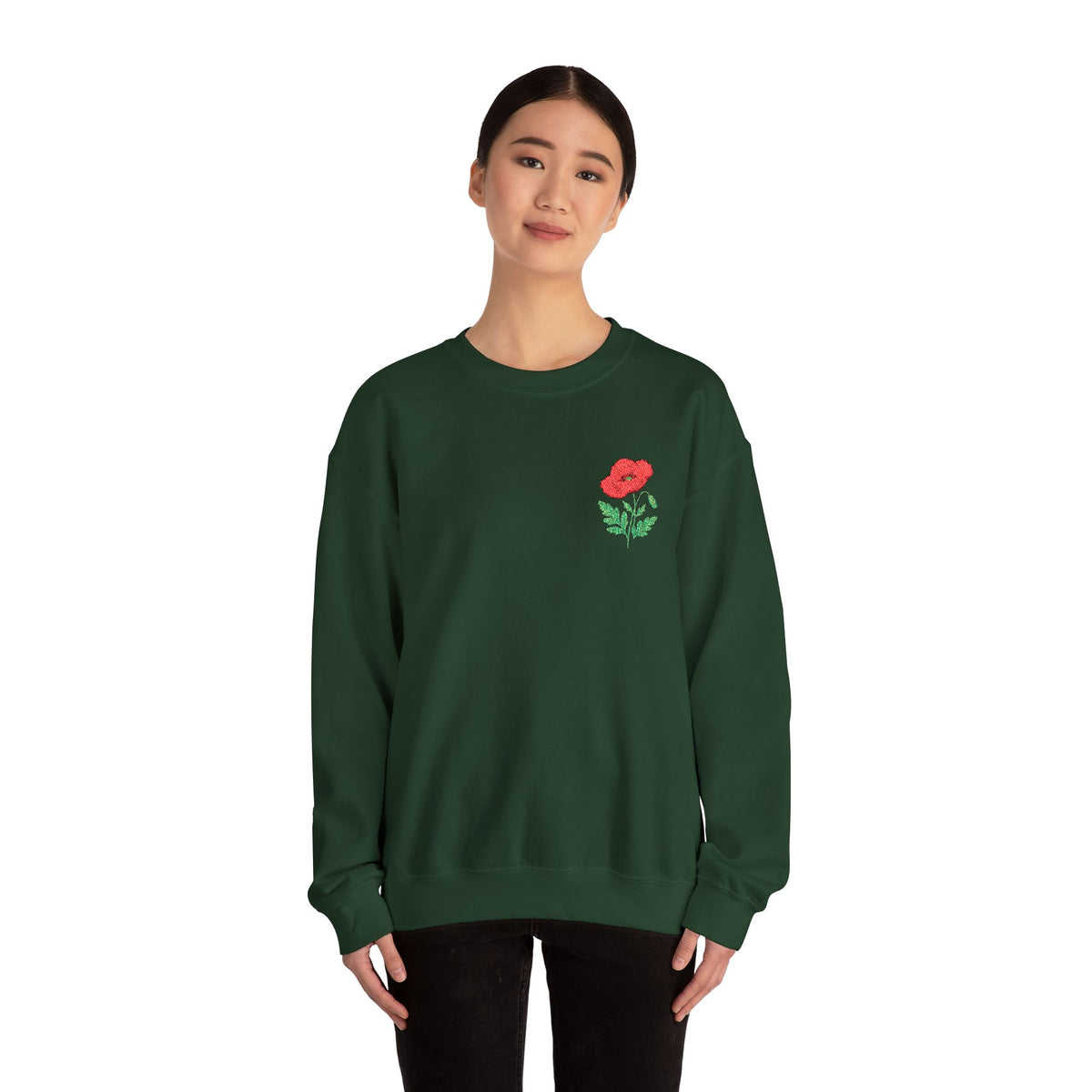 Unisex embroidered sweatshirt with floral poppy design on the left chest, made by Printify.