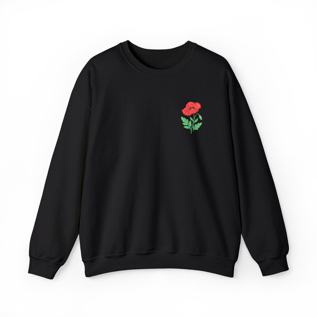 Unisex sweatshirt with embroidered poppy floral design on the left chest by Printify, casual and comfortable jumper for all genders.