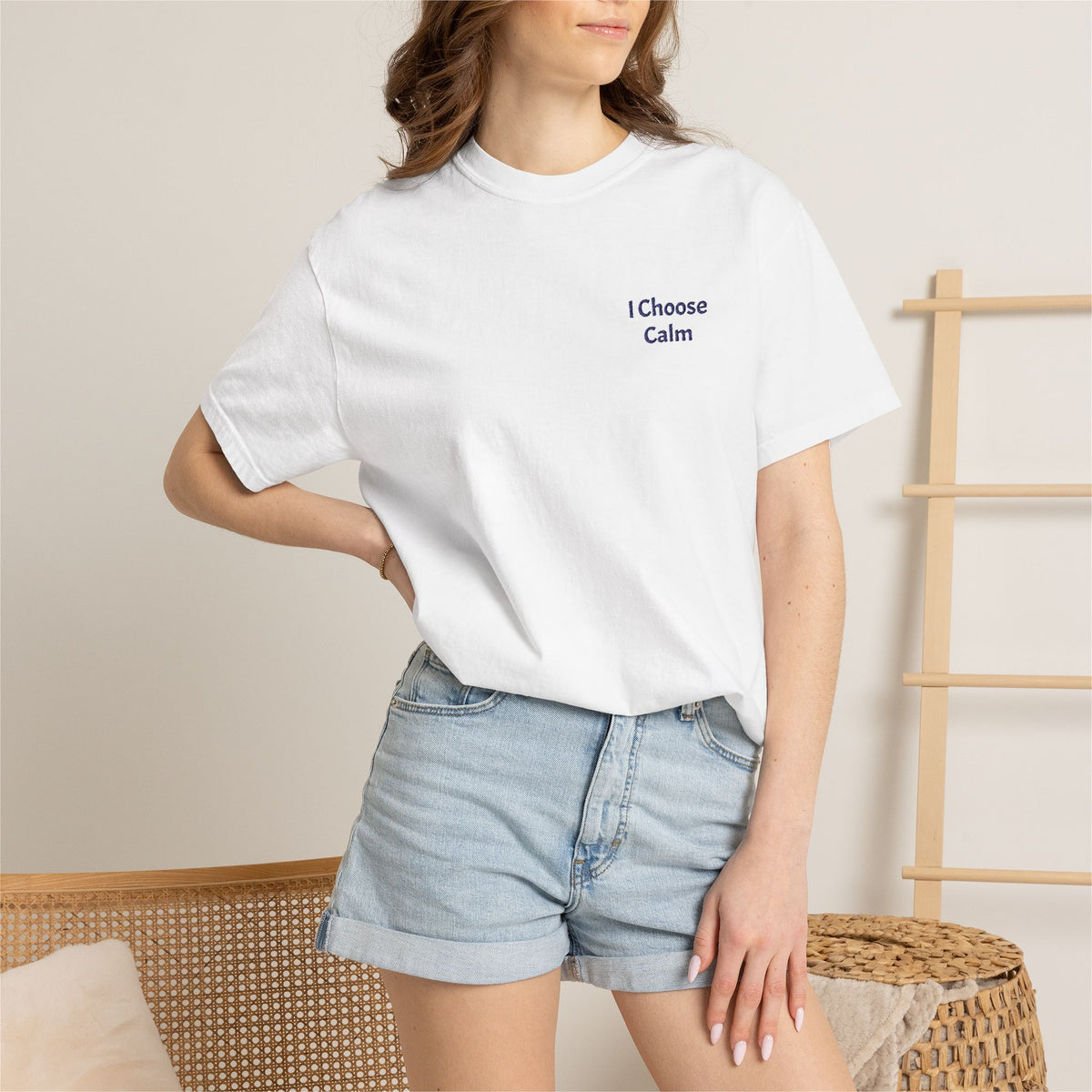 Light gray I Choose Calm T-Shirt by Printify featuring minimalist relaxation design, soft fabric and casual fit.