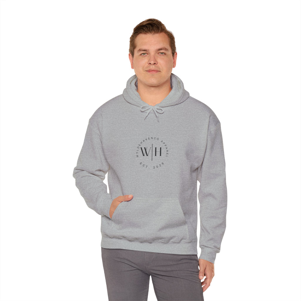 Gray Monogram Circle Hoodie by WyldeHaven Apparel featuring Est. 2026 logo and printed design, soft cotton sweatshirt for casual wear.