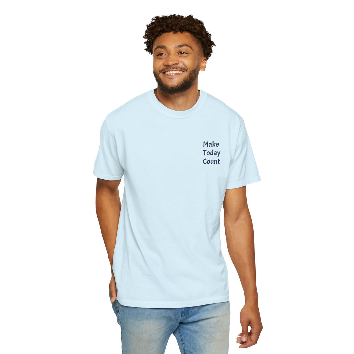 Printify Make Today Count T-Shirt featuring a minimal design and inspirational message on a casual pocket tee.