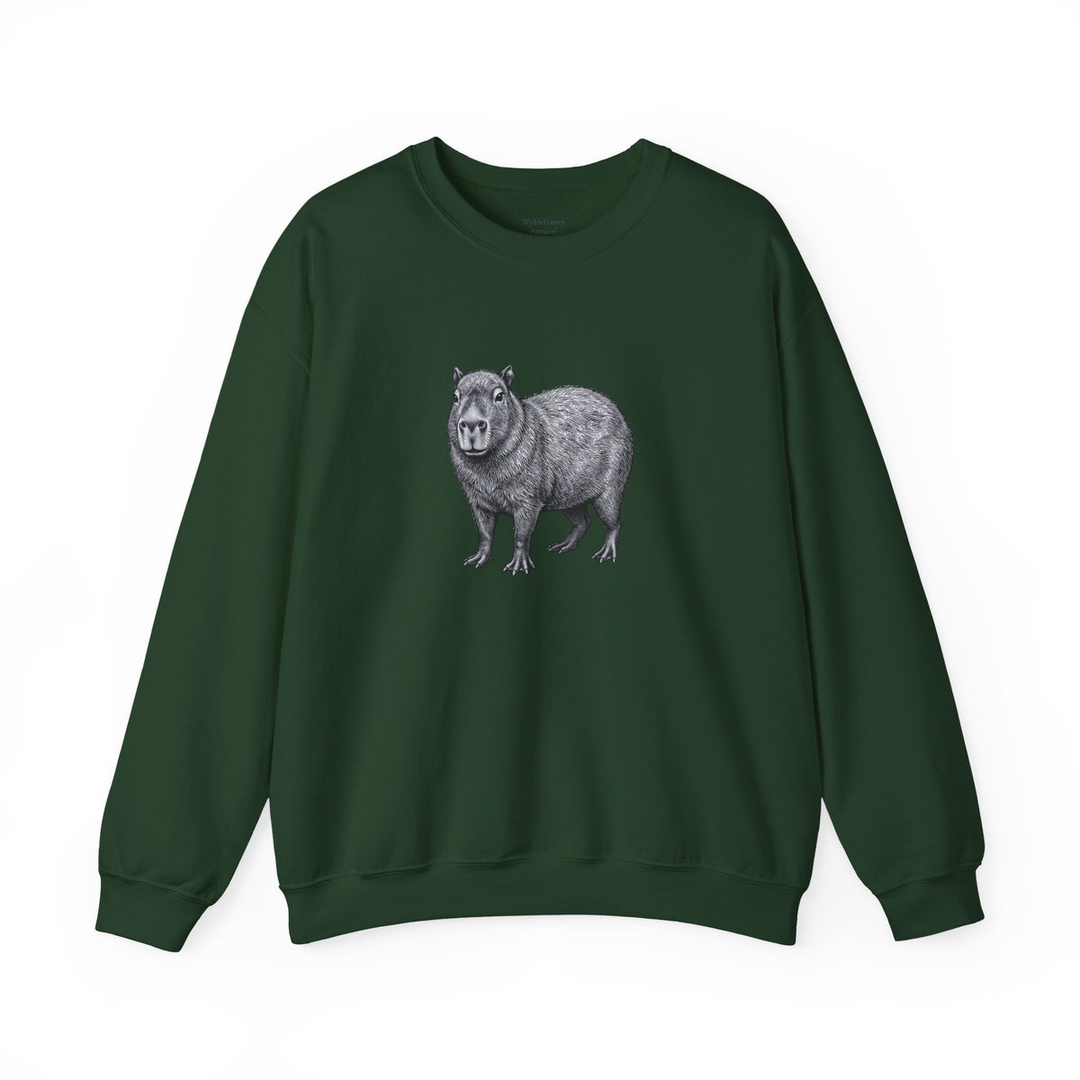 Capybara graphic sweatshirt from Wyldelife Collection featuring wildlife art, with a detailed capybara illustration on a cozy sweatshirt.