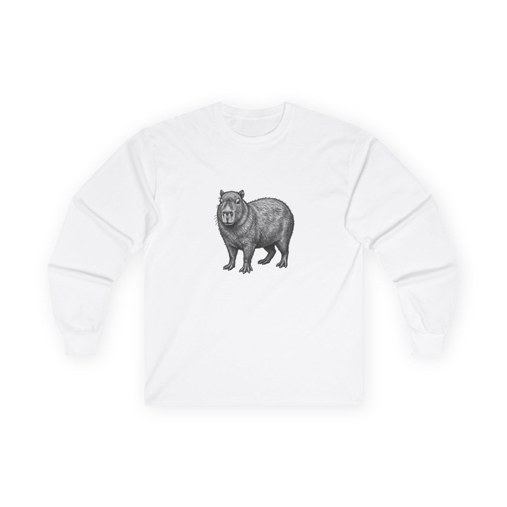 Printify Capybara long sleeve T-shirt featuring wildlife graphic from WyldeLife collection, with a detailed capybara illustration on soft fabric.