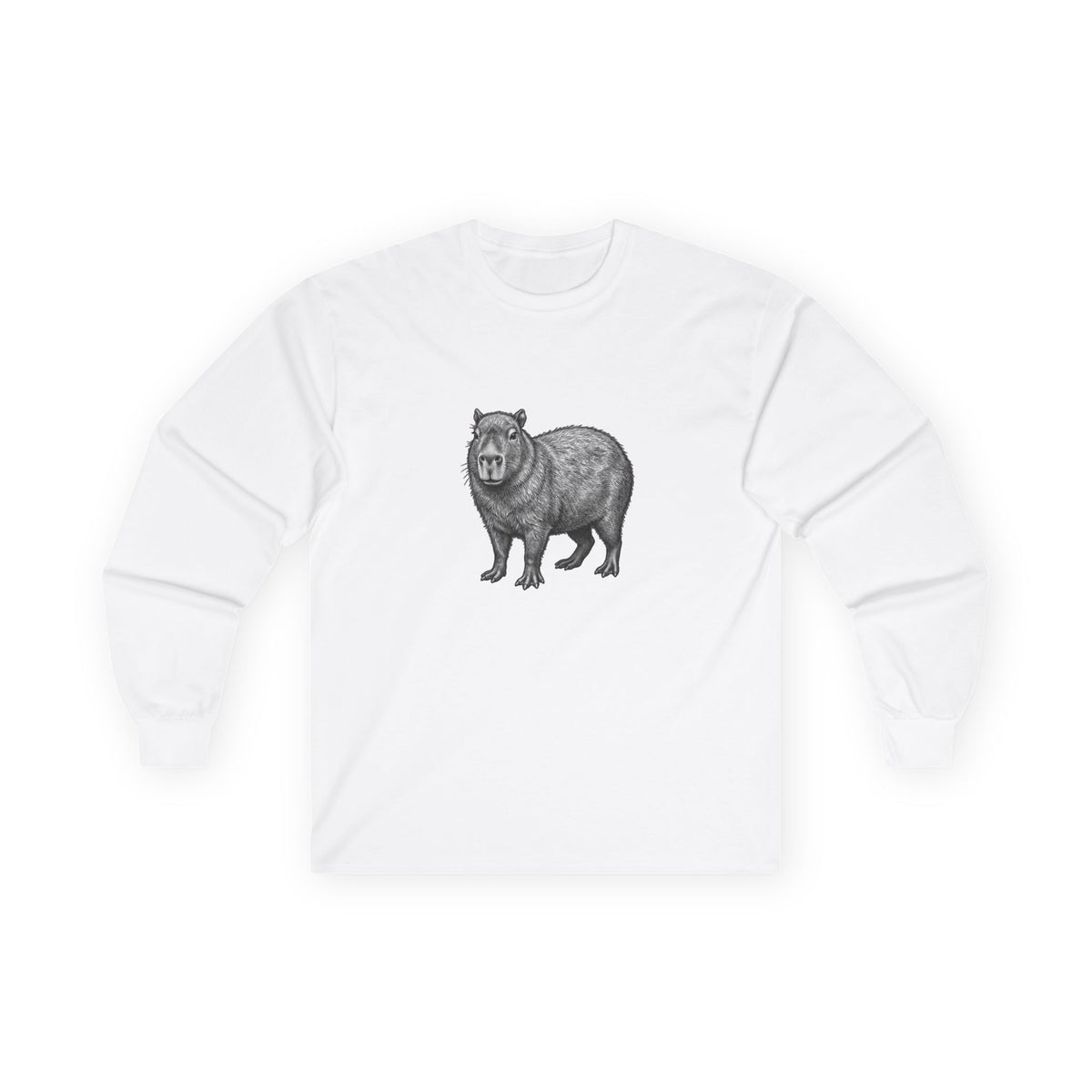 Printify Capybara long sleeve T-shirt featuring wildlife graphic from WyldeLife collection, with a detailed capybara illustration on soft fabric.