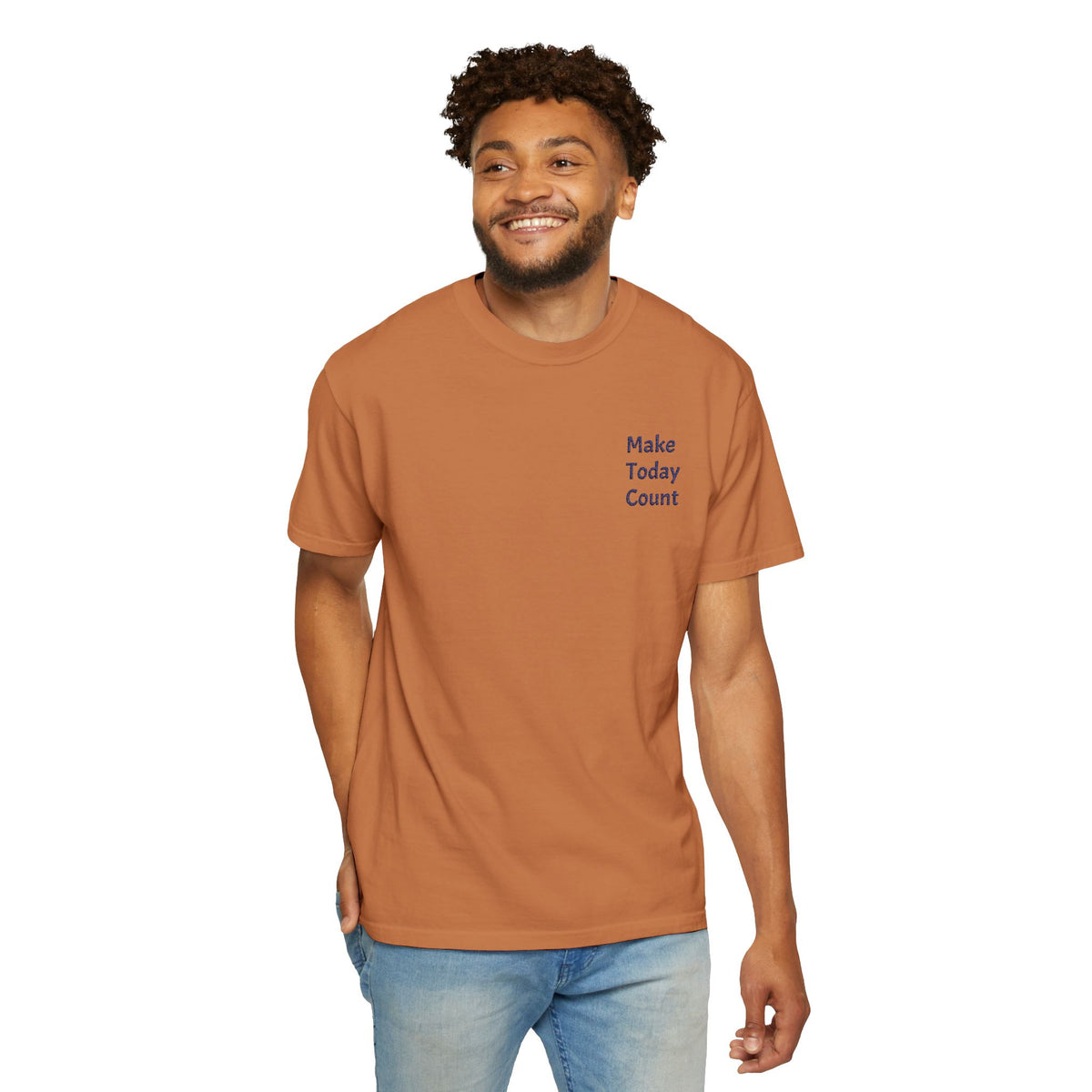Printify Make Today Count T-Shirt featuring a minimal inspirational design and a pocket detail, casual and comfortable men's tee.