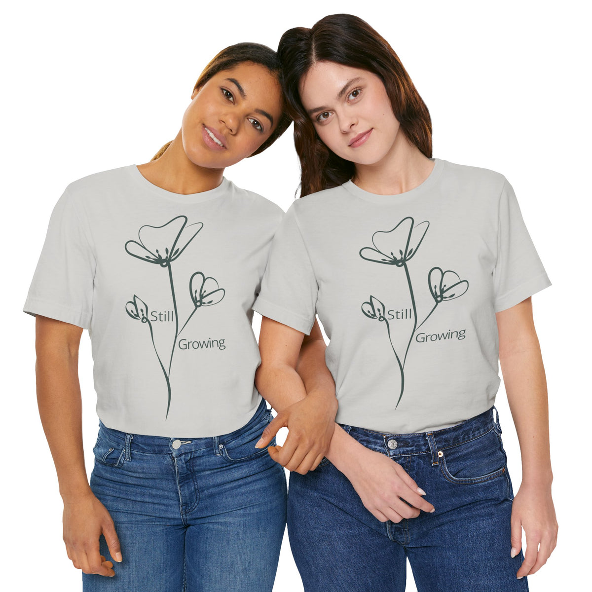 Still Growing Floral T-Shirt by Printify featuring a minimalist floral design on a casual unisex t-shirt.