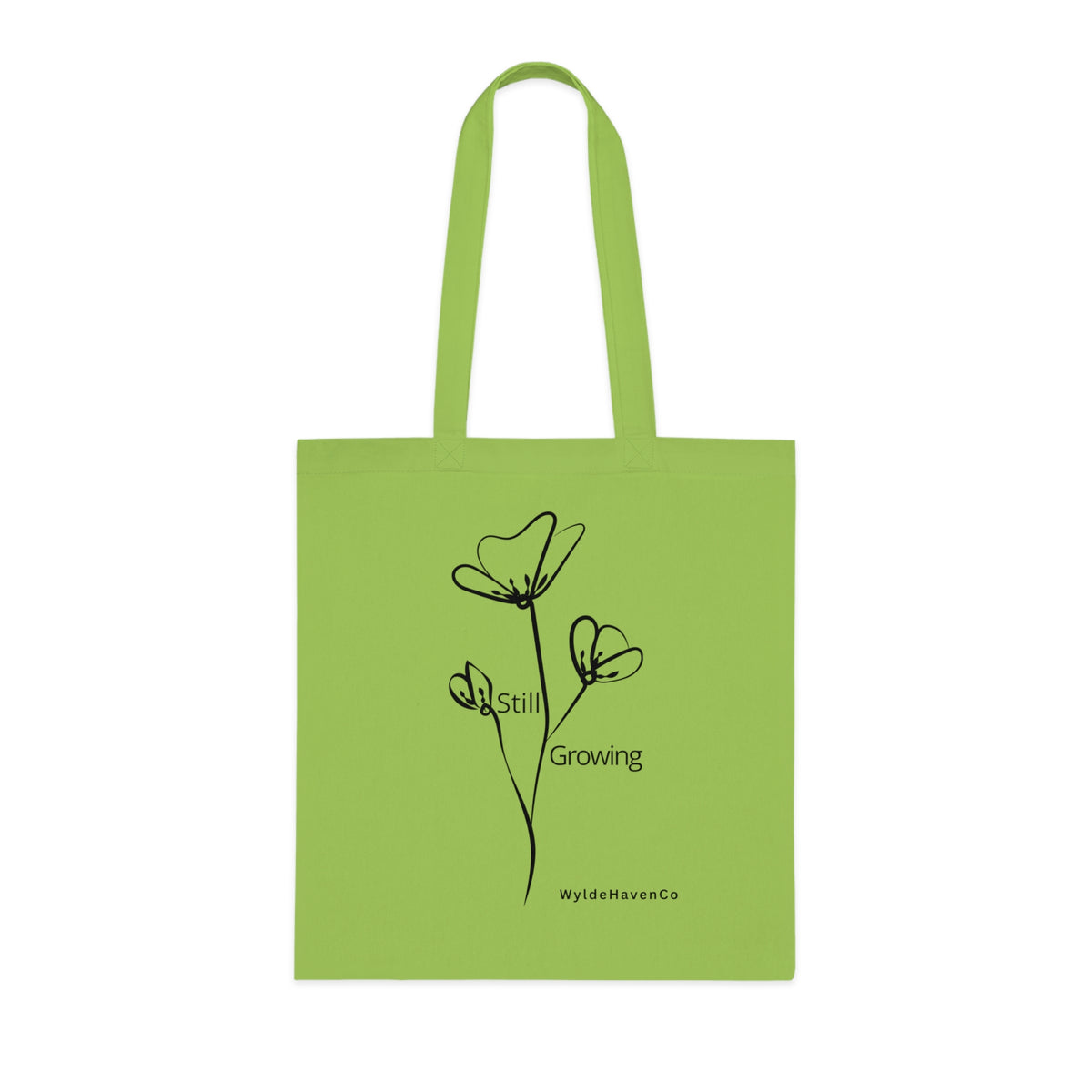 Still Growing floral cotton tote bag by Printify featuring a minimalist design with inspirational floral artwork.