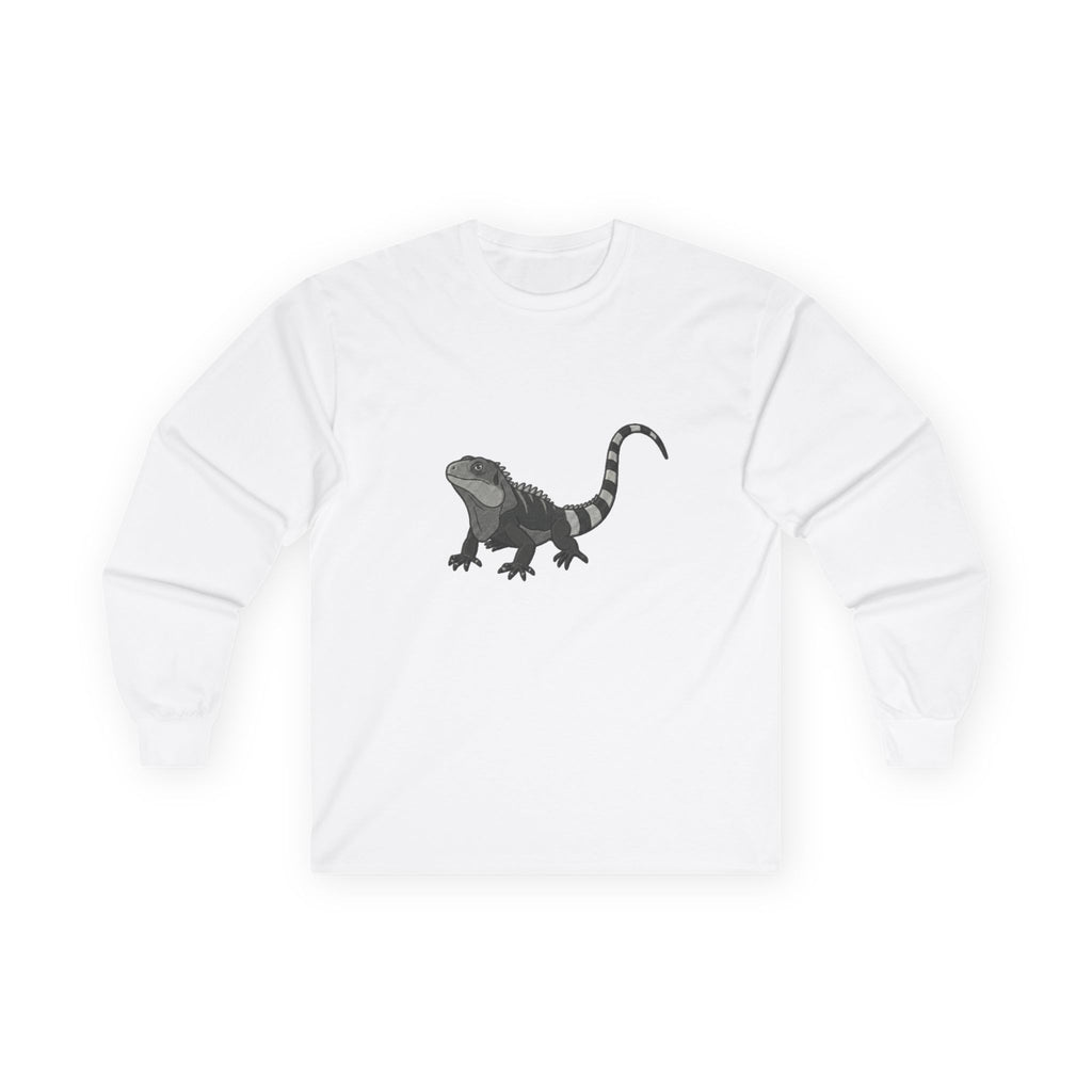 Iguana long sleeve wildlife graphic T-shirt from WyldeLife Collection by Printify, featuring a detailed iguana illustration on soft fabric.