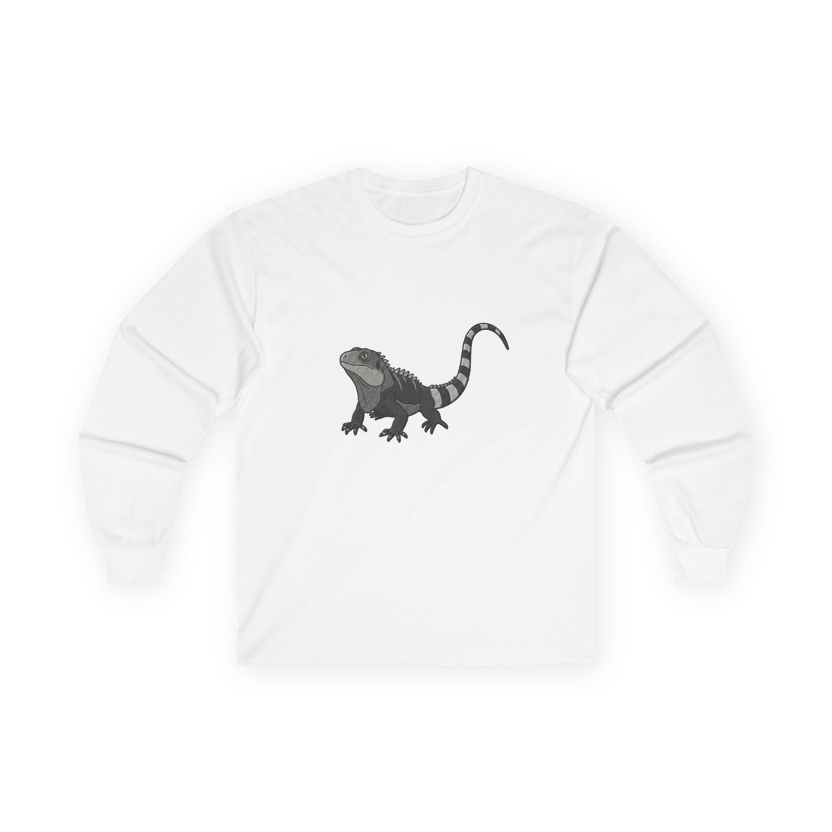 Iguana long sleeve wildlife graphic T-shirt from WyldeLife Collection by Printify, featuring a detailed iguana illustration on soft fabric.