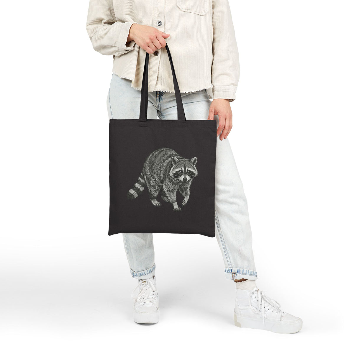 Printify raccoon canvas tote bag featuring vintage wildlife design, eco-friendly shopper with sturdy handles and spacious interior.