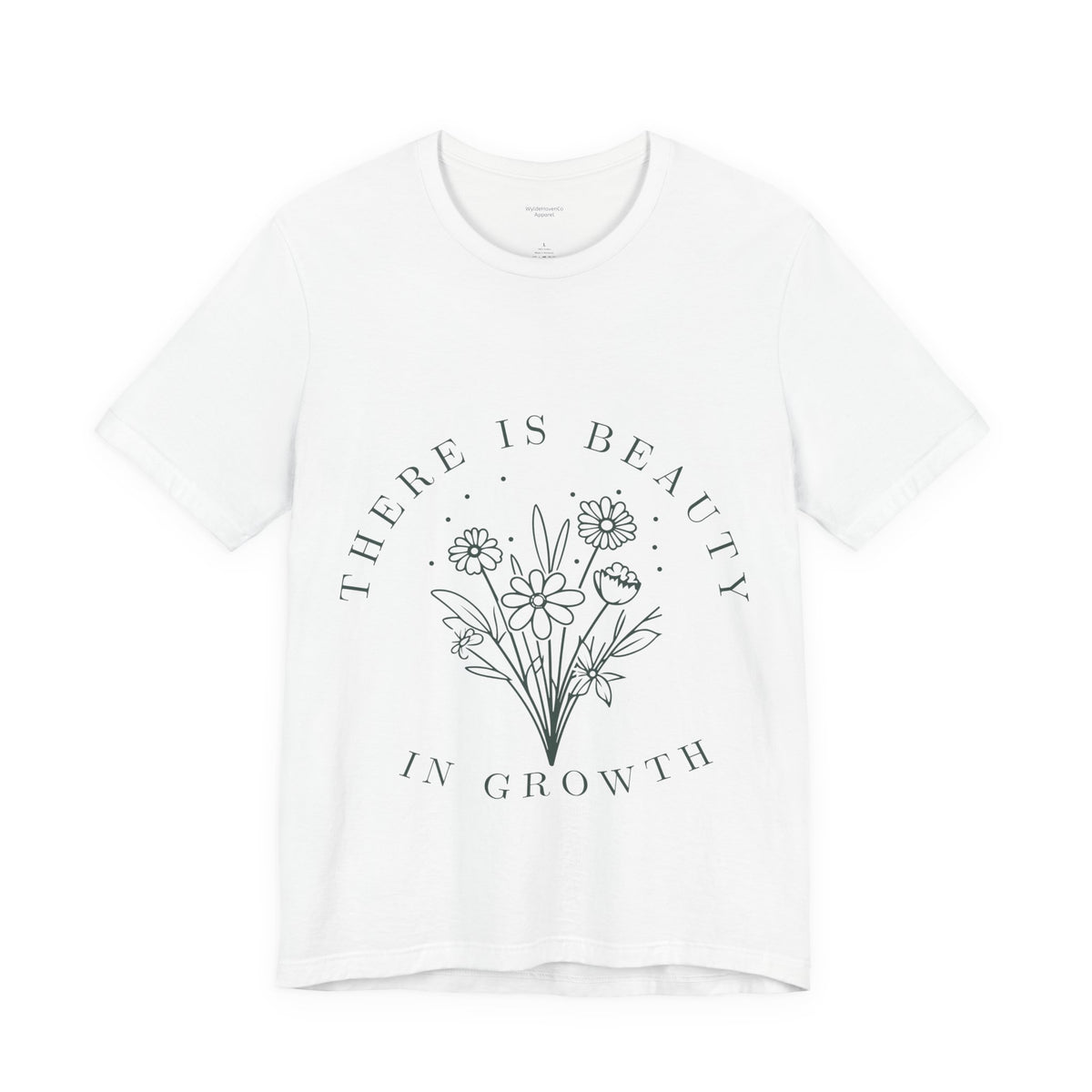 Printify floral "There Is Beauty In Growth" T-shirt featuring colorful botanical design on soft cotton fabric.