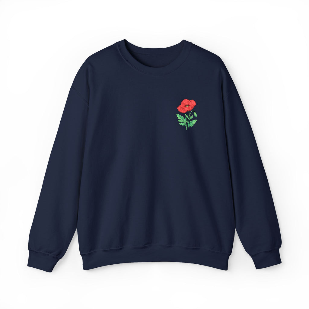 Unisex embroidered sweatshirt with floral poppy design on the left chest, featuring a comfortable fit and casual style.