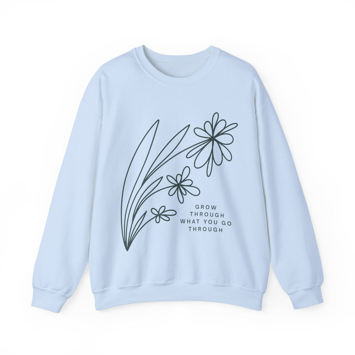 Gray crewneck sweatshirt from Printify featuring a minimal floral design and the quote "Grow Through What You Go Through".