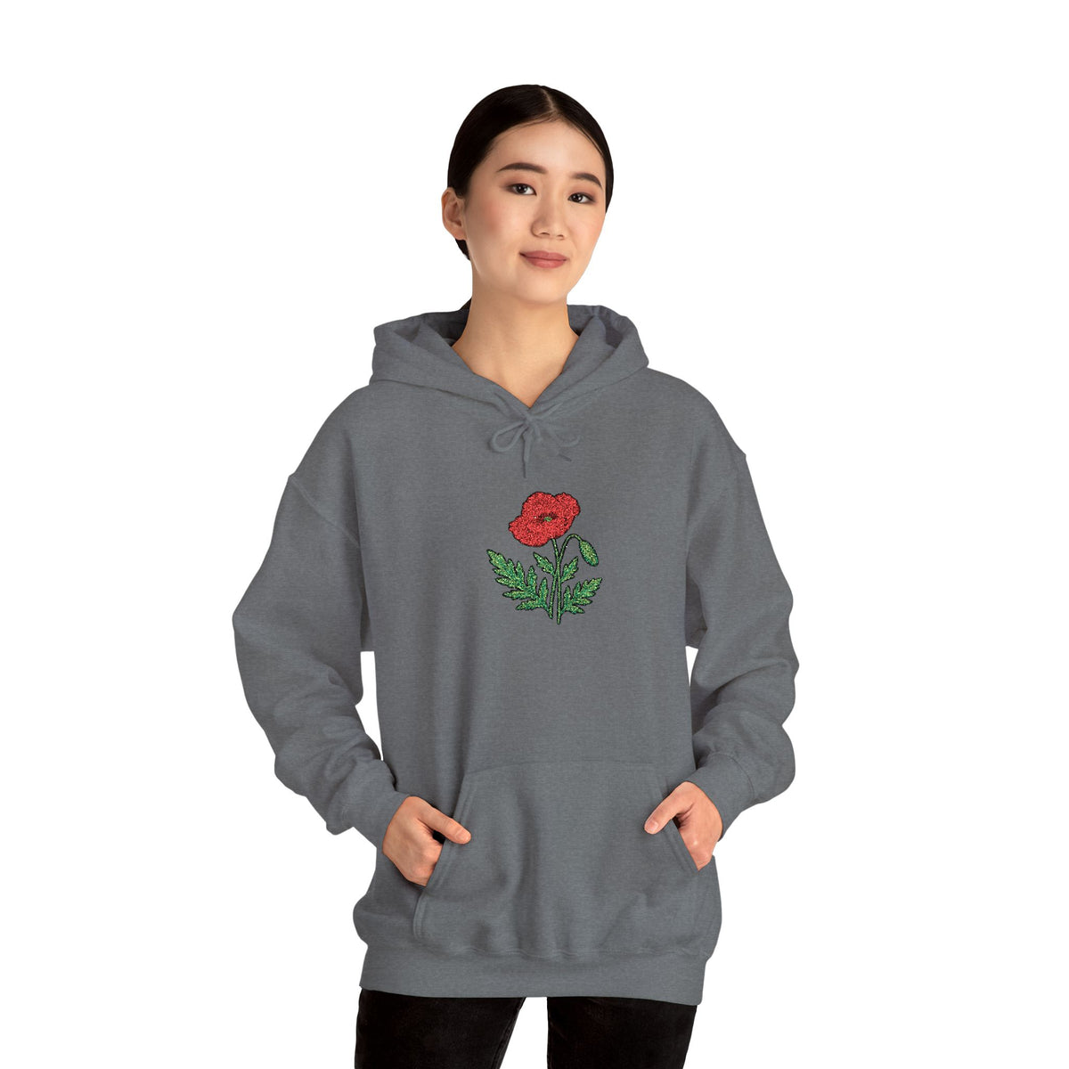 Red hoodie with embroidered red poppy floral design on the front, made by Printify, featuring detailed floral embroidery.
