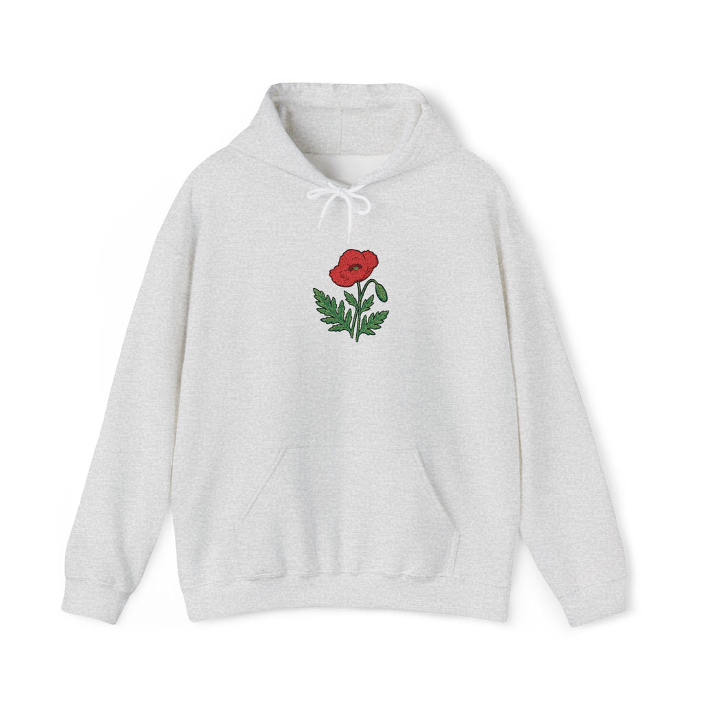 Red hoodie with embroidered red poppy floral design on the front, by Printify, featuring detailed embroidery and casual style.