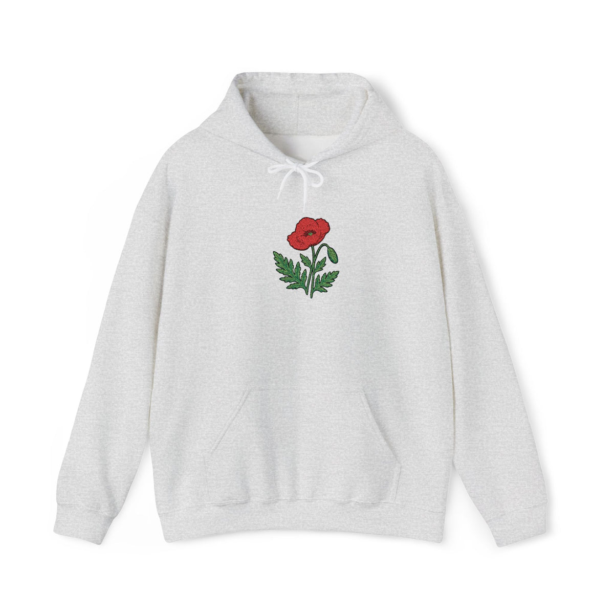 Red hoodie with embroidered red poppy floral design on the front, by Printify, featuring detailed embroidery and casual style.