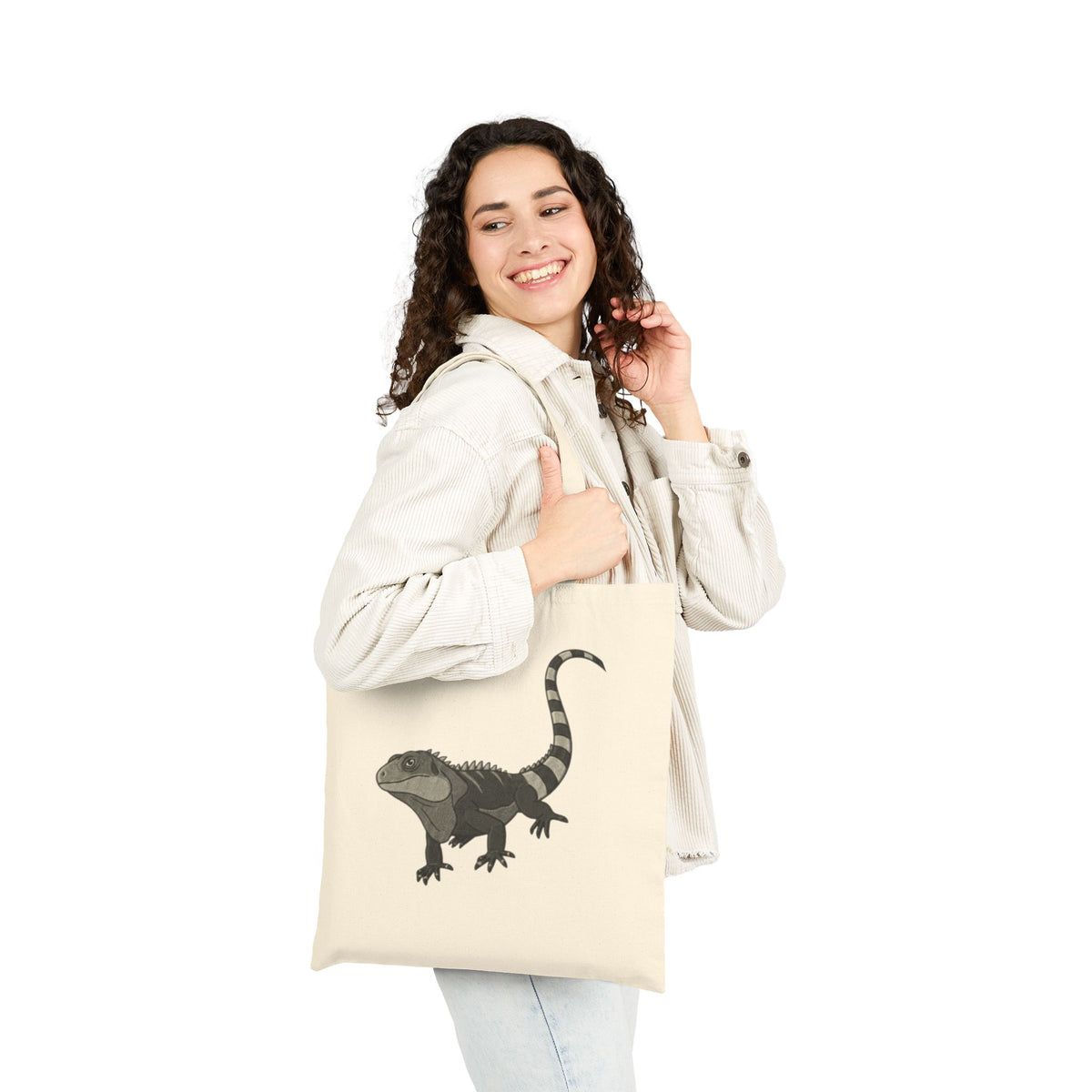 Printify Iguana Tote Bag featuring detailed wildlife illustration from Wyldelife Collection, showcasing a vibrant iguana design.
