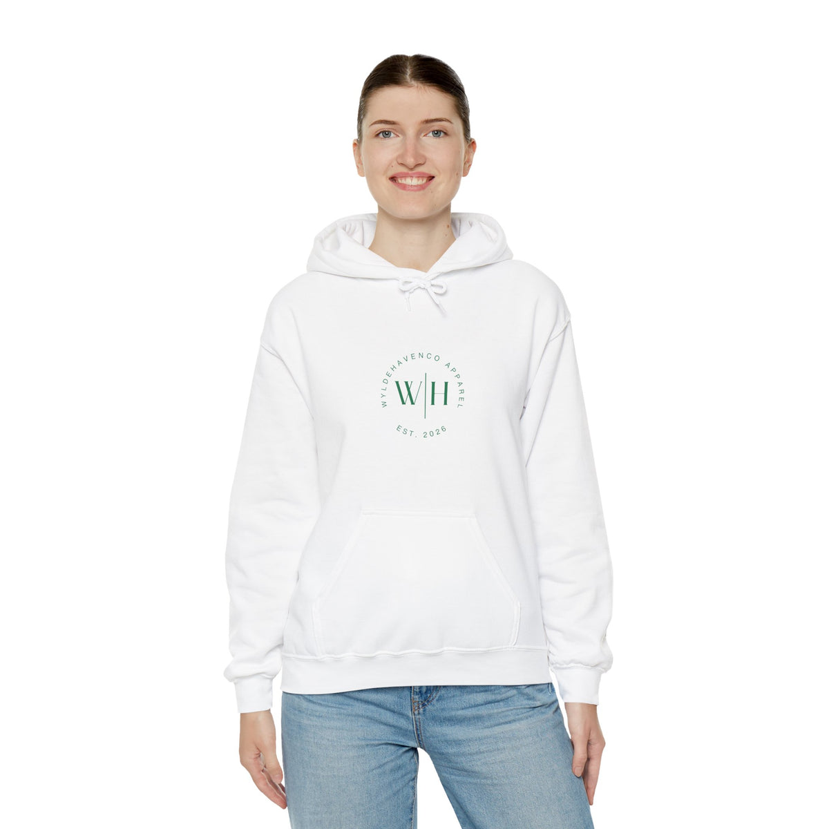 WyldeHaven Apparel monogram circle hoodie with printed logo, casual sweatshirt featuring stylish design and comfortable fit.
