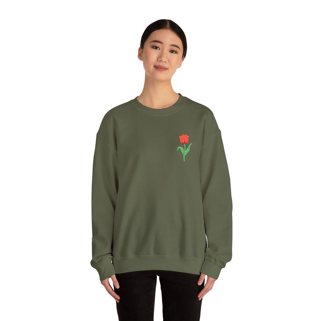 Unisex embroidered tulip sweatshirt with floral design on the left chest, casual jumper by Printify.