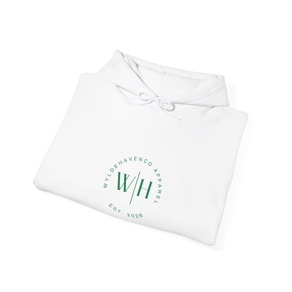 Gray Monogram Circle Hoodie by WyldeHaven Apparel featuring Est. 2026 logo, casual sweatshirt with printed monogram design.