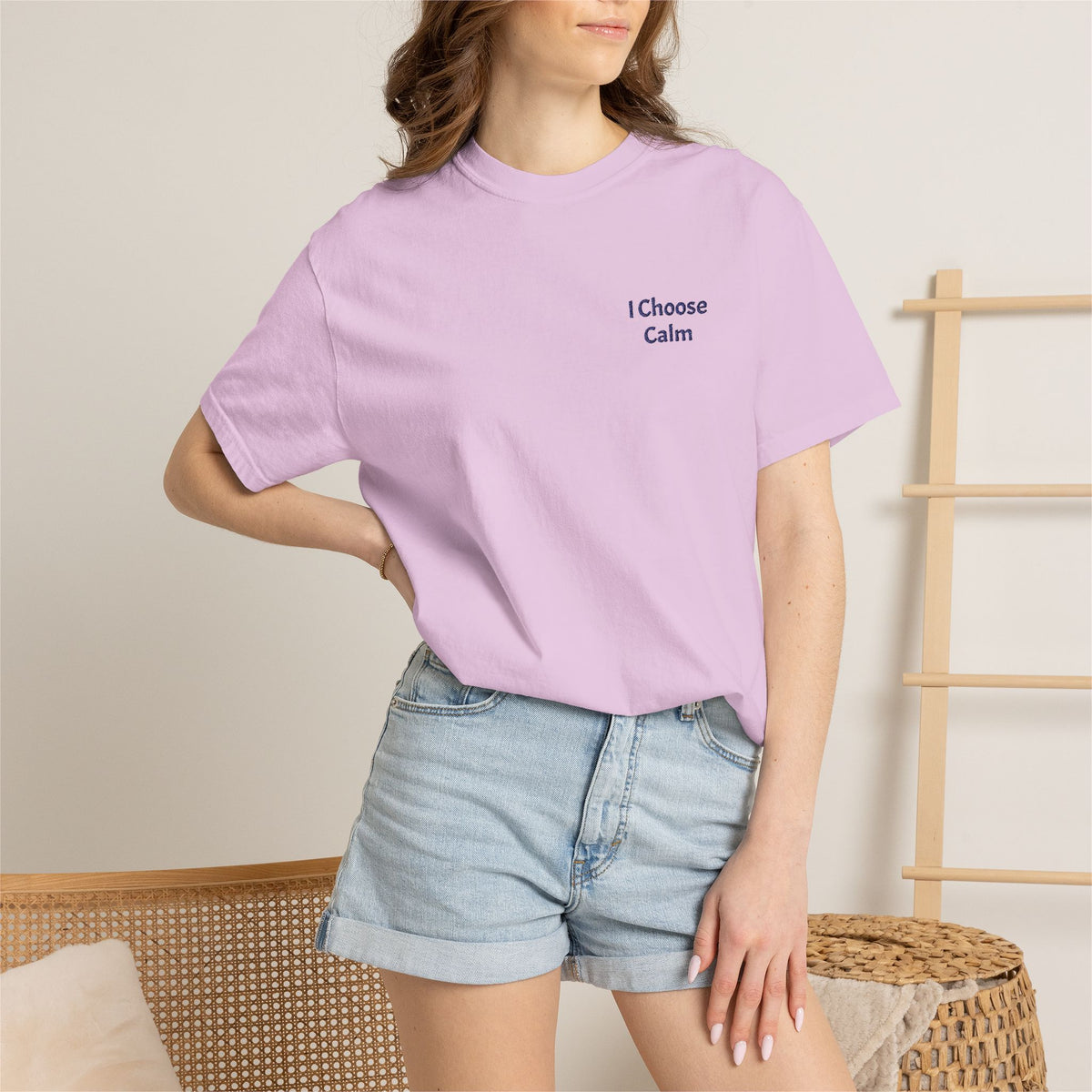 Minimalist I Choose Calm T-Shirt by Printify featuring a relaxed fit and simple design on soft fabric.