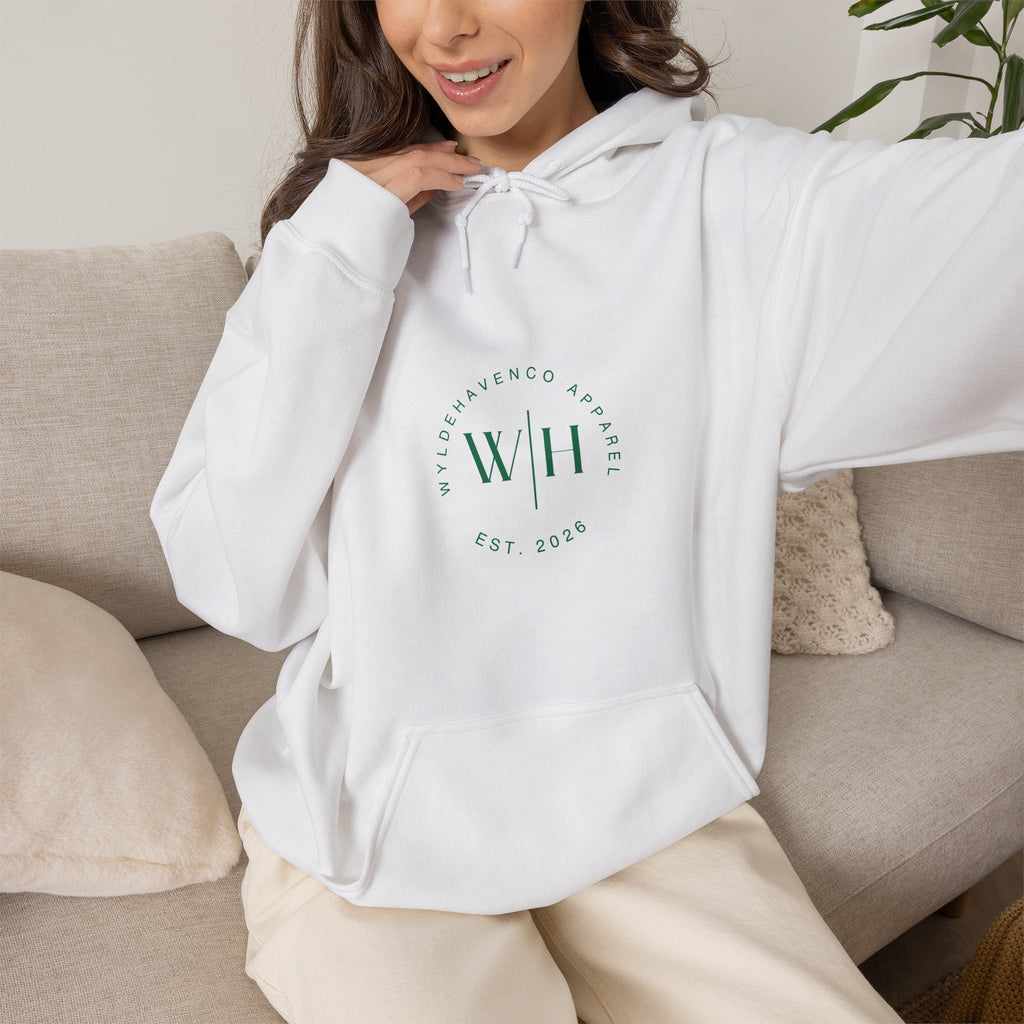 Gray Monogram Circle Hoodie by WyldeHaven Apparel with Est. 2026 logo, featuring a comfortable sweatshirt with a stylish monogram design.