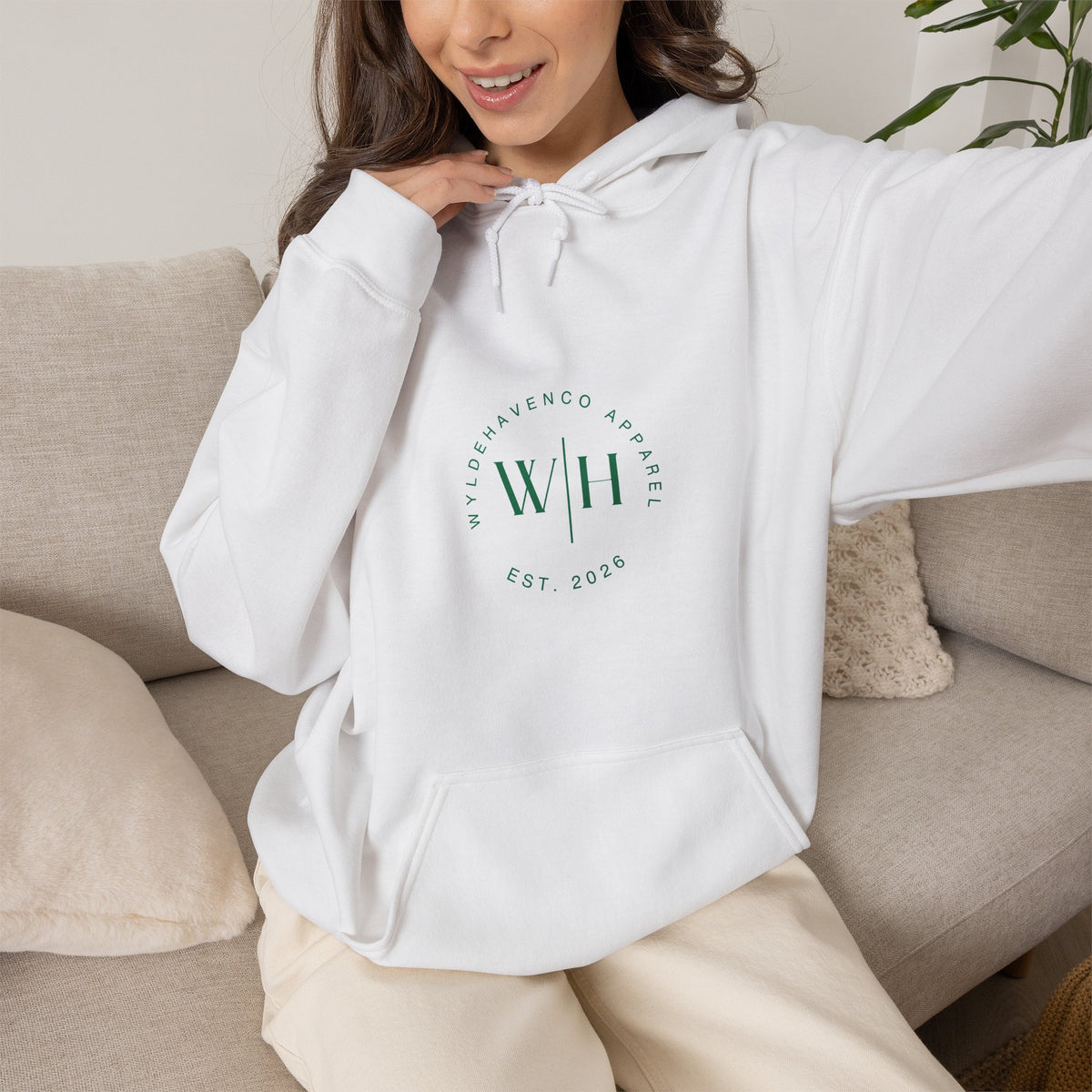 Gray Monogram Circle Hoodie by WyldeHaven Apparel with Est. 2026 logo, featuring a comfortable sweatshirt with a stylish monogram design.