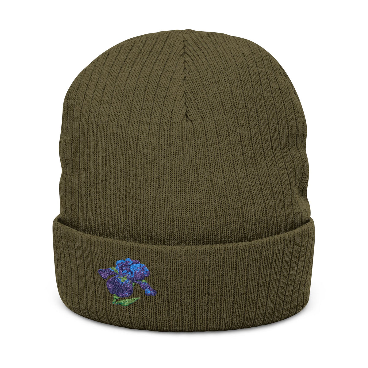 Soft knit embroidered iris beanie hat featuring floral design, unisex winter hat by WyldeHaven Apparel, ideal for everyday wear.