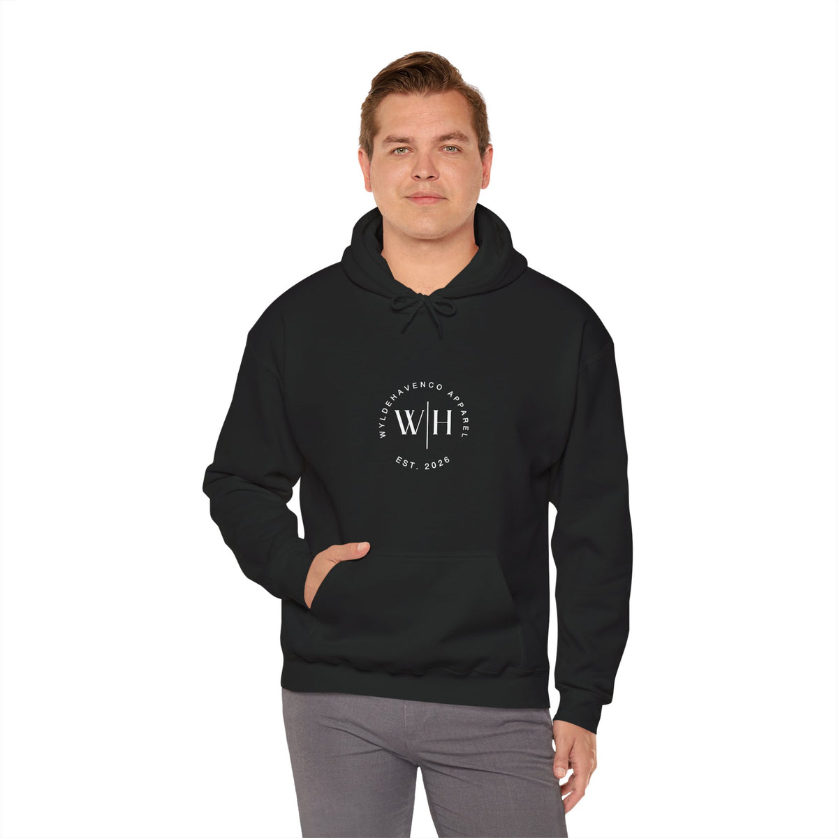 Gray hoodie with Monogram Circle WyldeHaven Apparel Est. 2026 logo print, featuring a comfortable fit and casual style.