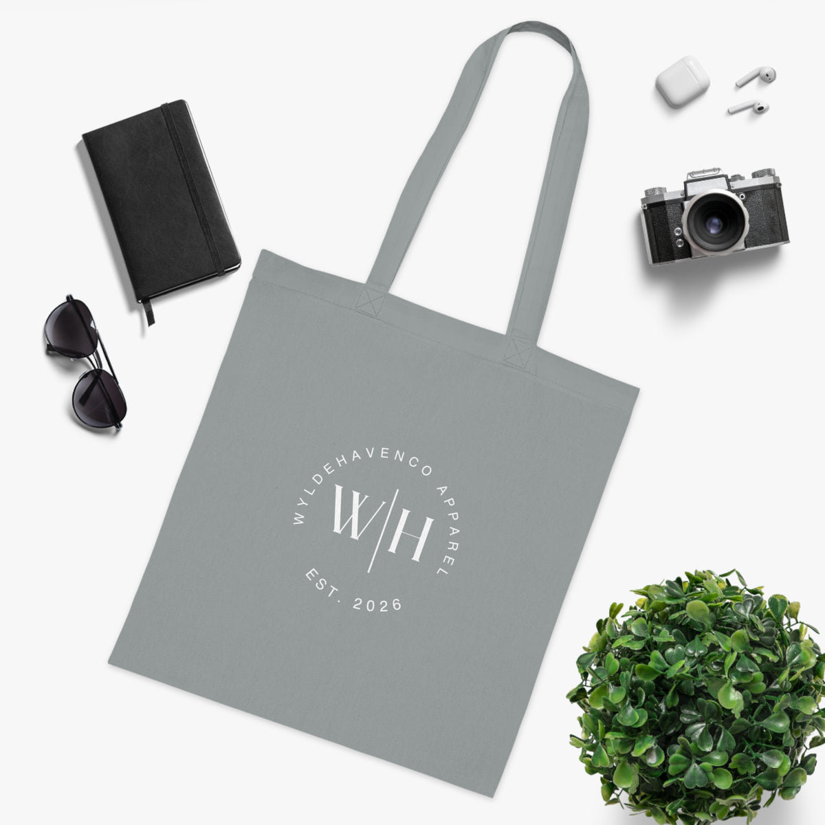 Printify Monogram Circle Cotton Tote bag with WH logo, durable canvas tote with stylish monogram design and sturdy handles.