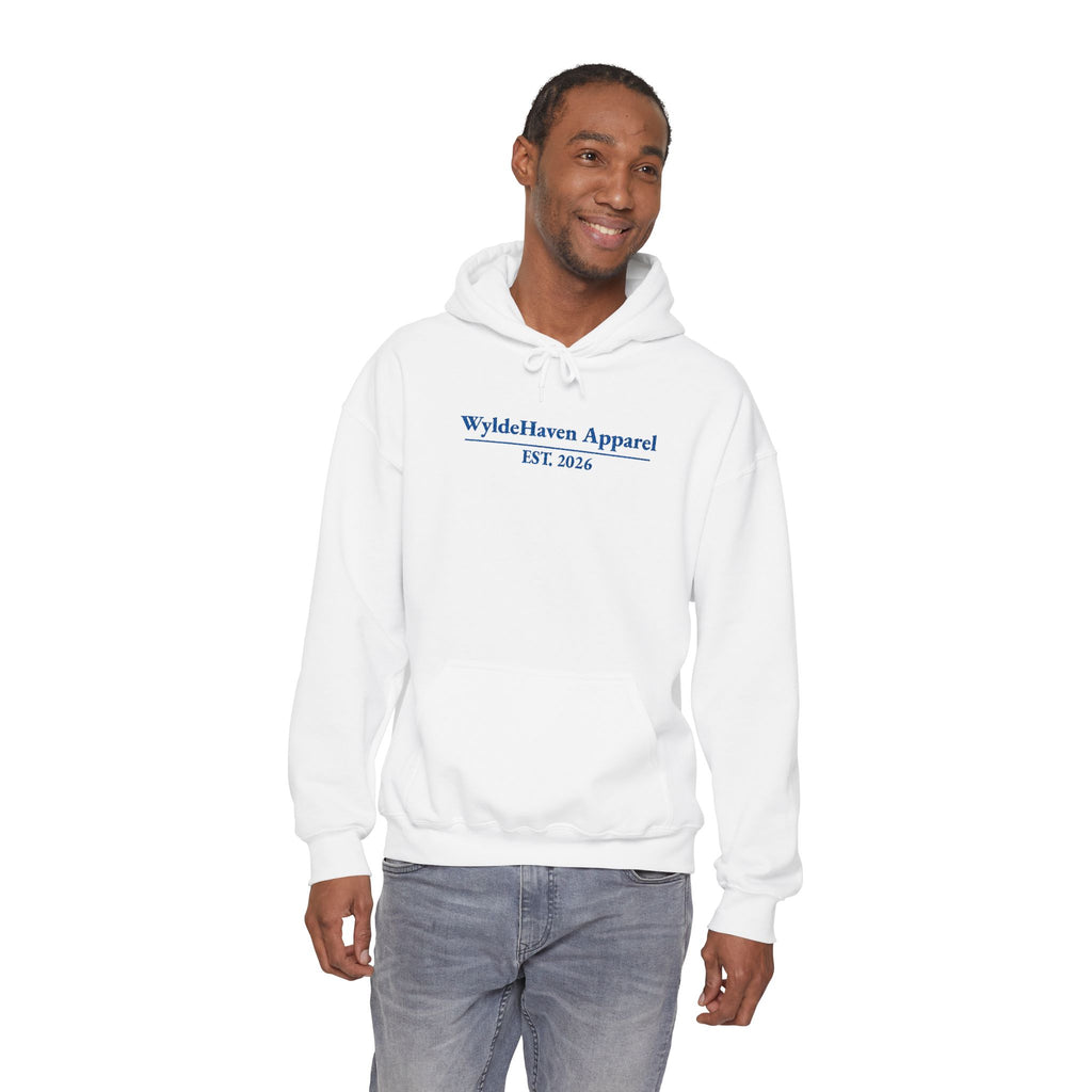 Printify WyldeHaven Apparel Signature Embroidered Hoodie with detailed embroidery and comfortable fit, black fabric, front view.