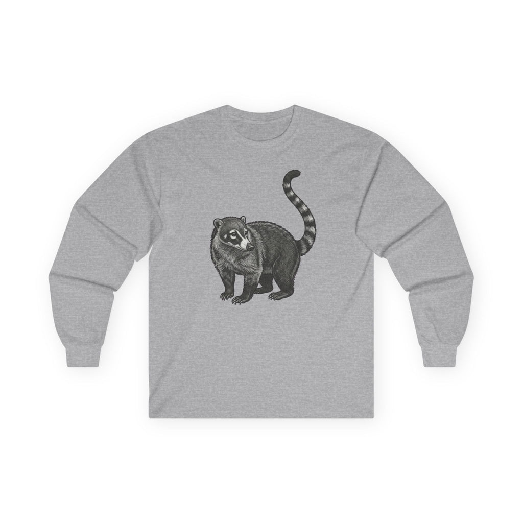 WyldeLife Coati long sleeve wildlife graphic T-shirt, printed by Printify, featuring a detailed coati illustration on soft fabric.