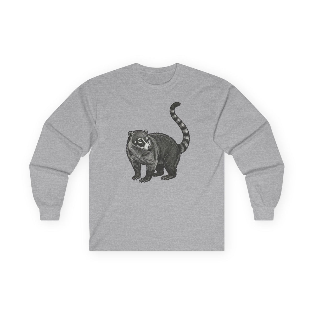 WyldeLife Coati long sleeve wildlife graphic T-shirt, printed by Printify, featuring a detailed coati illustration on soft fabric.