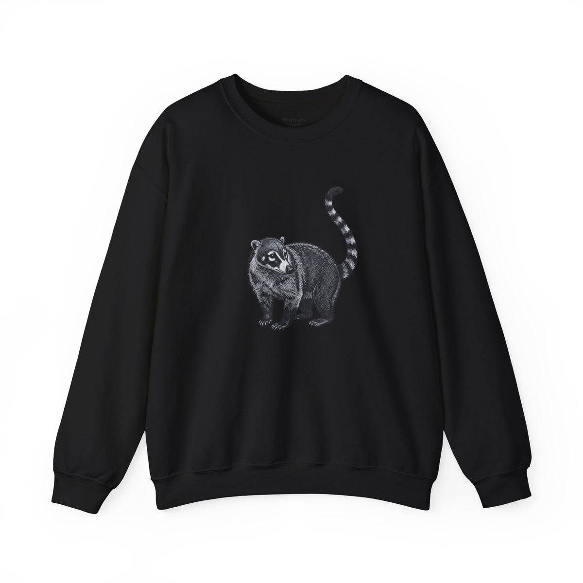 Coati graphic sweatshirt from Wyldelife Collection featuring wildlife art, printed by Printify, with a detailed coati illustration.