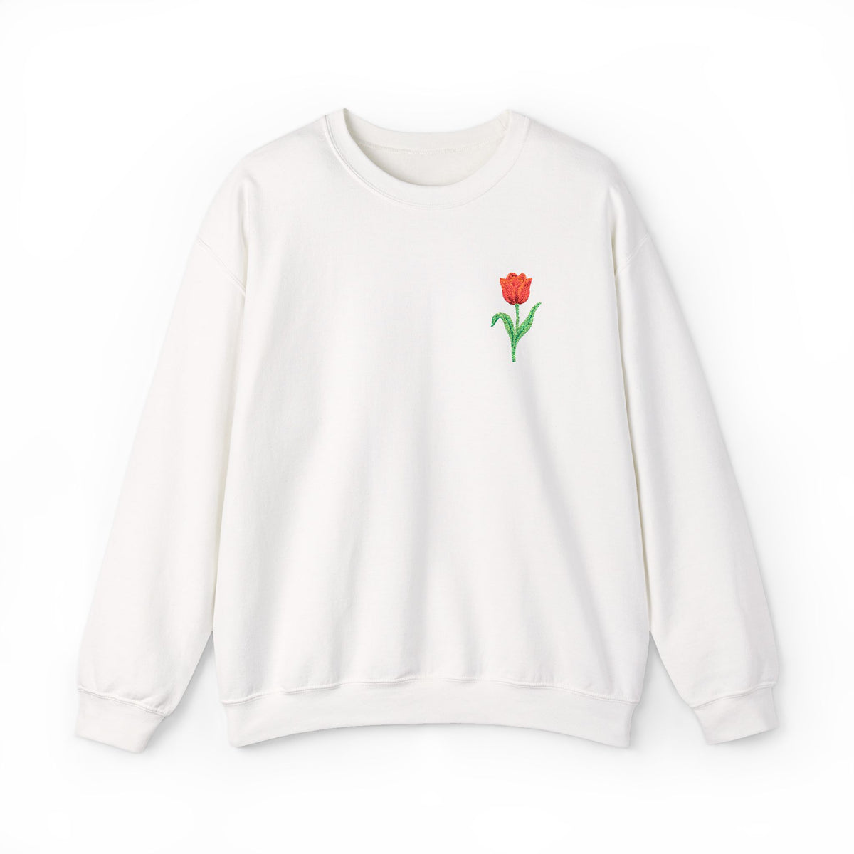 Unisex embroidered tulip sweatshirt with floral design on the left chest, featuring comfortable unisex fit and vibrant embroidery.