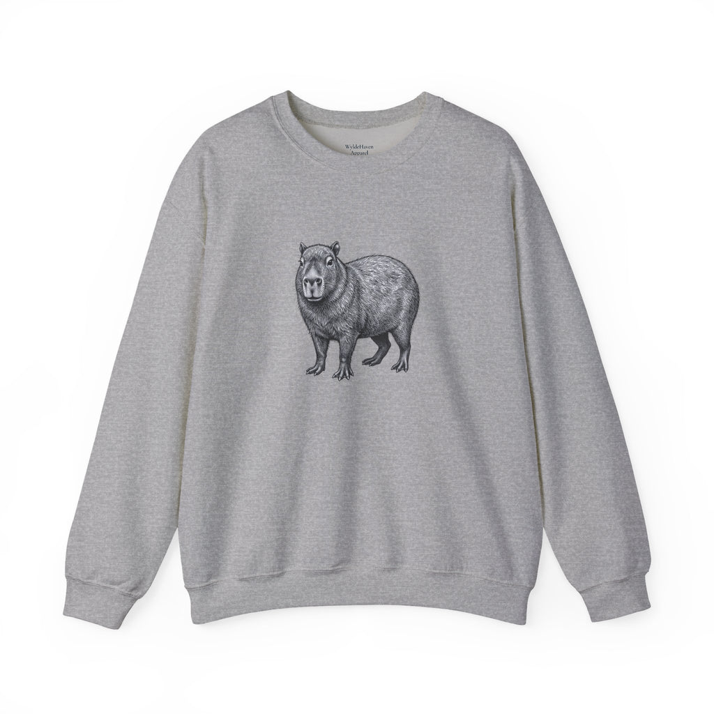 Printify Capybara graphic sweatshirt featuring wildlife art from the Wyldelife Collection, soft fabric with detailed capybara illustration.