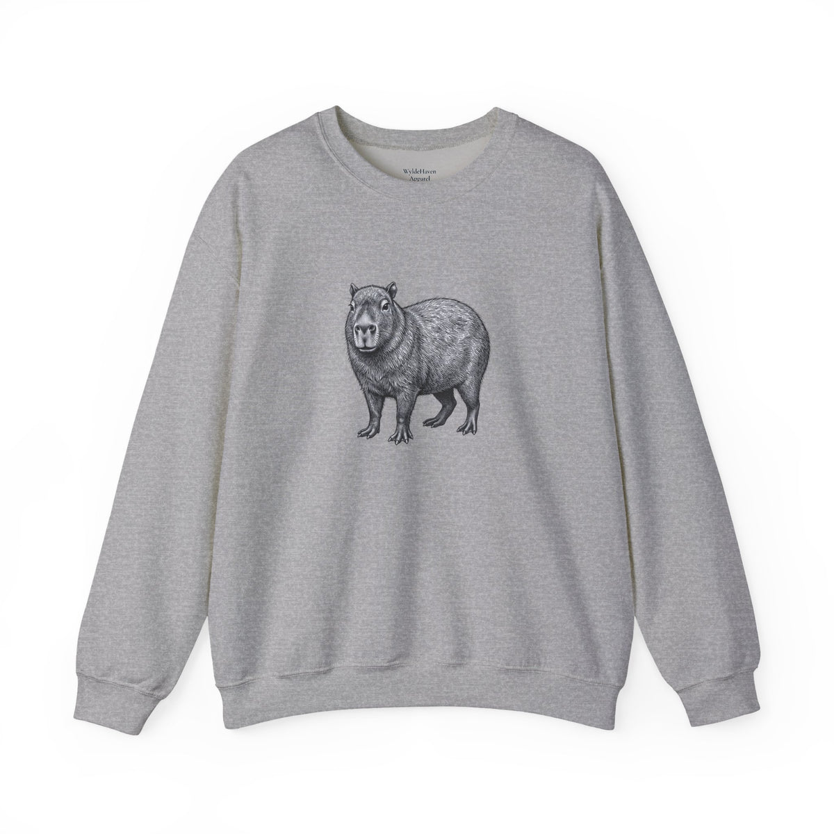 Printify Capybara graphic sweatshirt featuring wildlife art from the Wyldelife Collection, soft fabric with detailed capybara illustration.