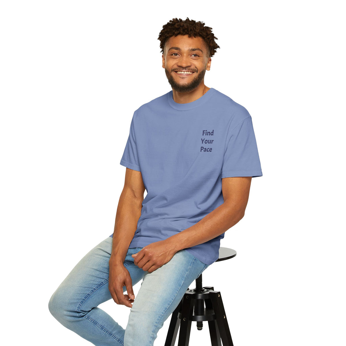 Black Find Your Pace T-shirt by Printify featuring a minimal motivational chest print, casual fit, and soft fabric.
