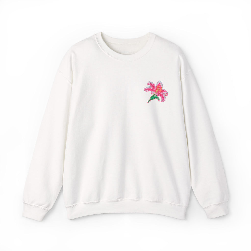 Unisex embroidered Lily sweatshirt with floral design on the left chest, made by Printify, casual jumper for everyday wear.