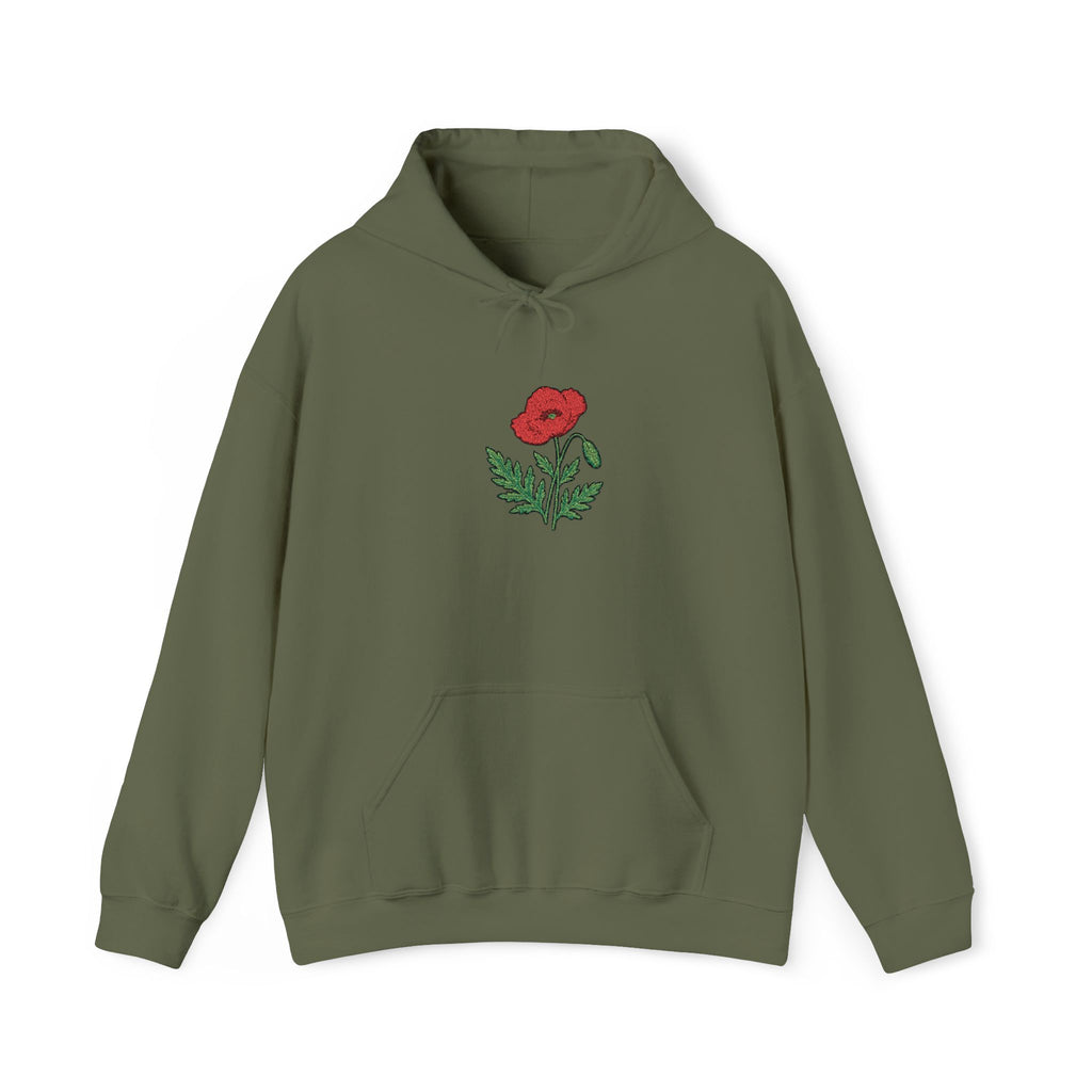 Red hoodie with embroidered red poppy floral design on the front, featuring a comfortable fit and casual style.